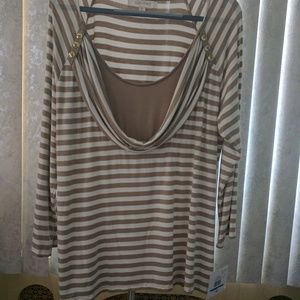 NWT Ellen Tracy beige white 3/4 Sleeve Stretch Top